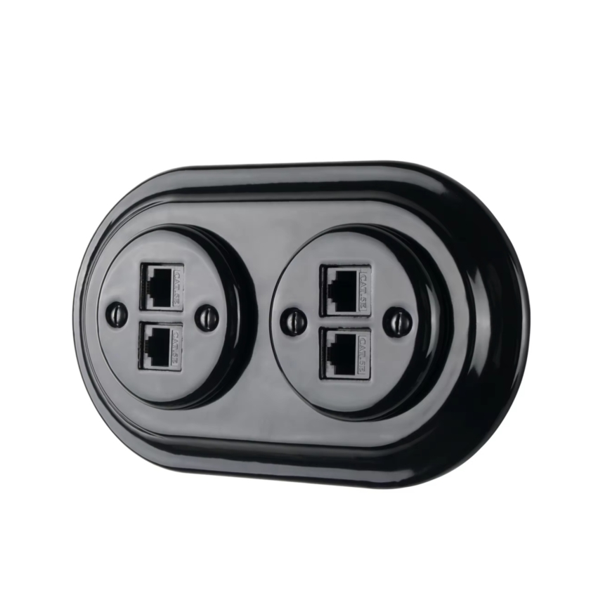 Bohemia-Design - retro stiliaus porcelianinė Ethernet rozetė su rėmeliu, 2x CAT.5E, juoda