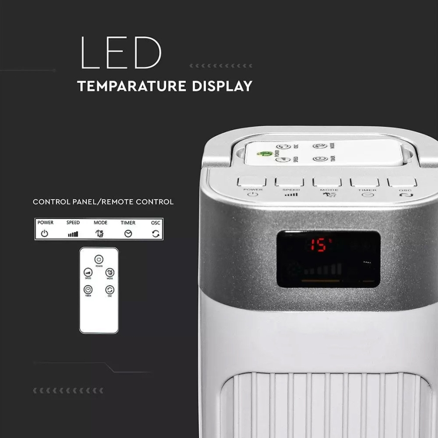 Bokštinis ventiliatorius su temperatūros indikatoriumi ir Nuotolinio valdymo pultu 55W/230V