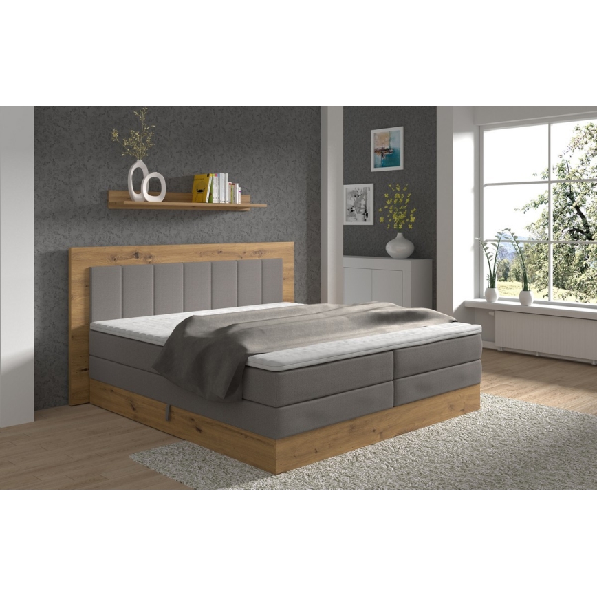 Boxspring lova JASMINE 180x200 cm su čiužiniais, topperiu ir talpia patalynės dėže, pilka