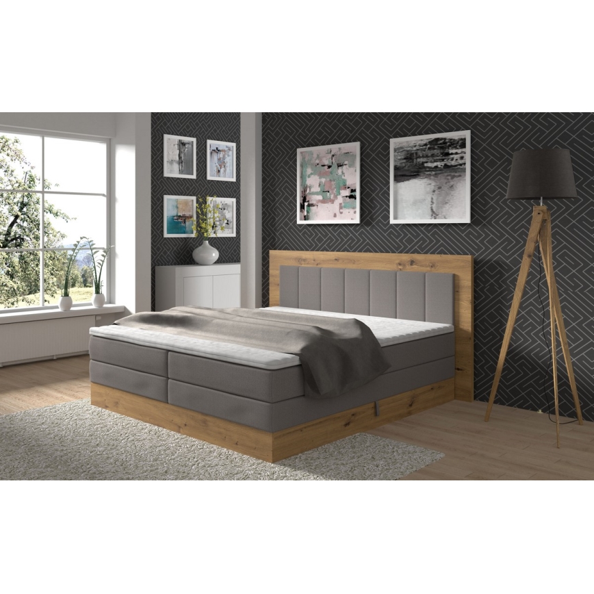 Boxspring lova JASMINE 180x200 cm su čiužiniais, topperiu ir talpia patalynės dėže, pilka
