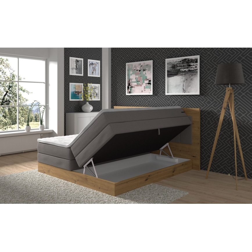 Boxspring lova JASMINE 180x200 cm su čiužiniais, topperiu ir talpia patalynės dėže, pilka