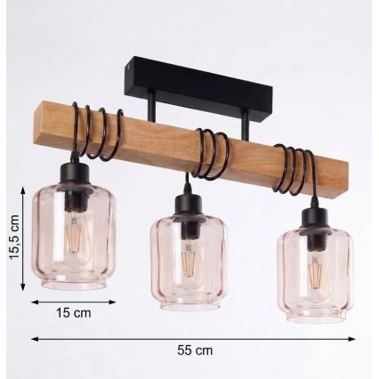 BRILAGI - Prie lubų montuojamas šviestuvas WOOD GLASS 3xE27/60W/230V pušies/juoda/dūminė smėlinė