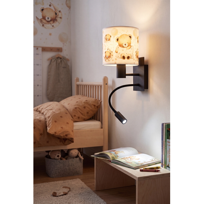 BRILAGI - LED vaikiška lanksti sieninė lempa BOBO 1xE27/25W/230V + LED/3W juoda/balta/su meškiukais