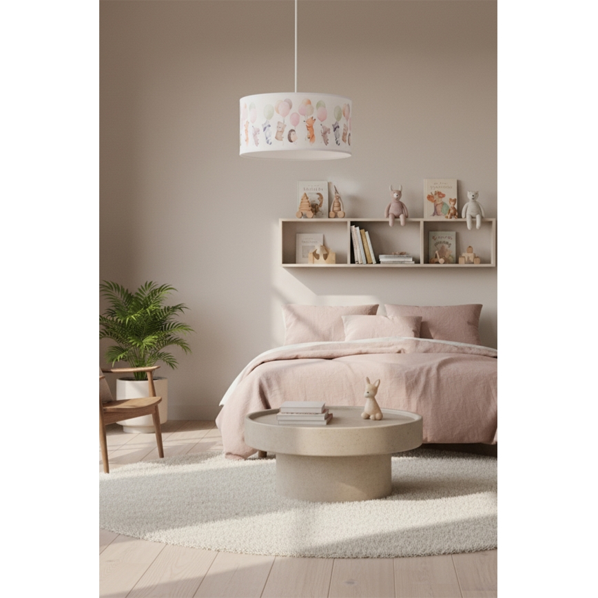 Brilagi - BOBO LED vaikiškas pakabinamas šviestuvas ant troselio 1xE27/10W/230V skersm. 35 cm balta/gyvūnėliai