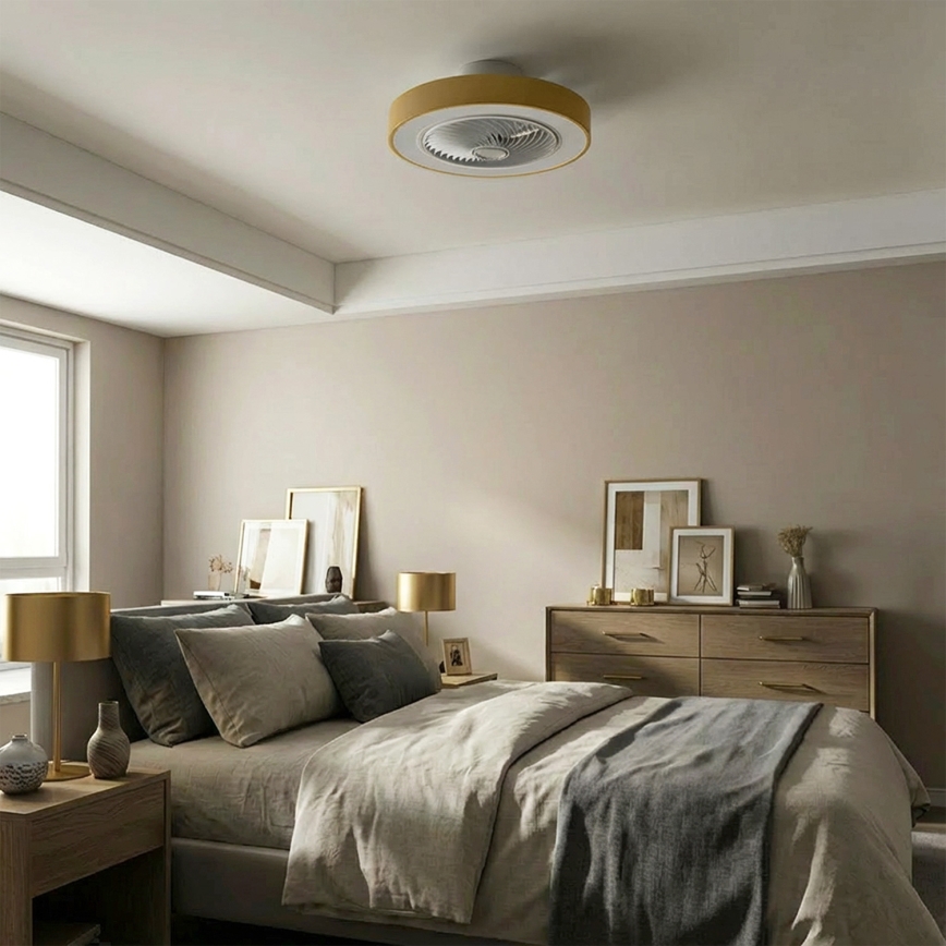 Brilagi - dimeriuojamas LED lubinis šviestuvas su ventiliatoriumi LED/38W/230V 3000-6500K 3000-6500K skers. 50 cm auksinis + nuotolinis valdymas
