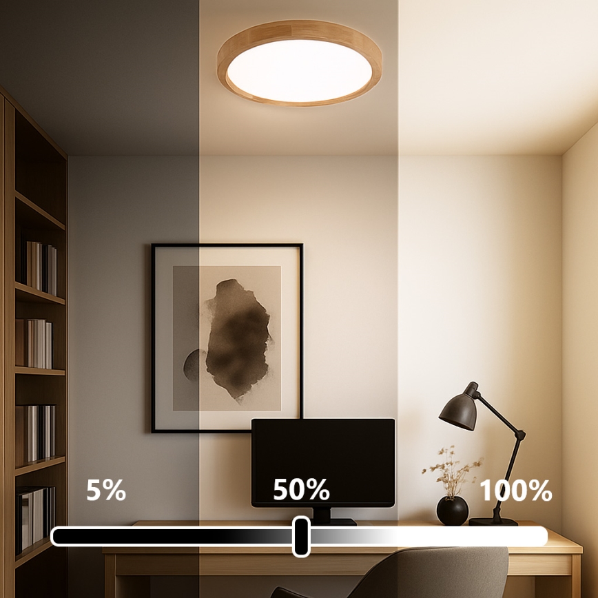 Brilagi - Reguliuojamas lubinis LED šviestuvas WOODROUND LED/30W/230V 3000-6000K, skersmuo 40 cm, mediena, CRI 90 + nuotolinis valdymas
