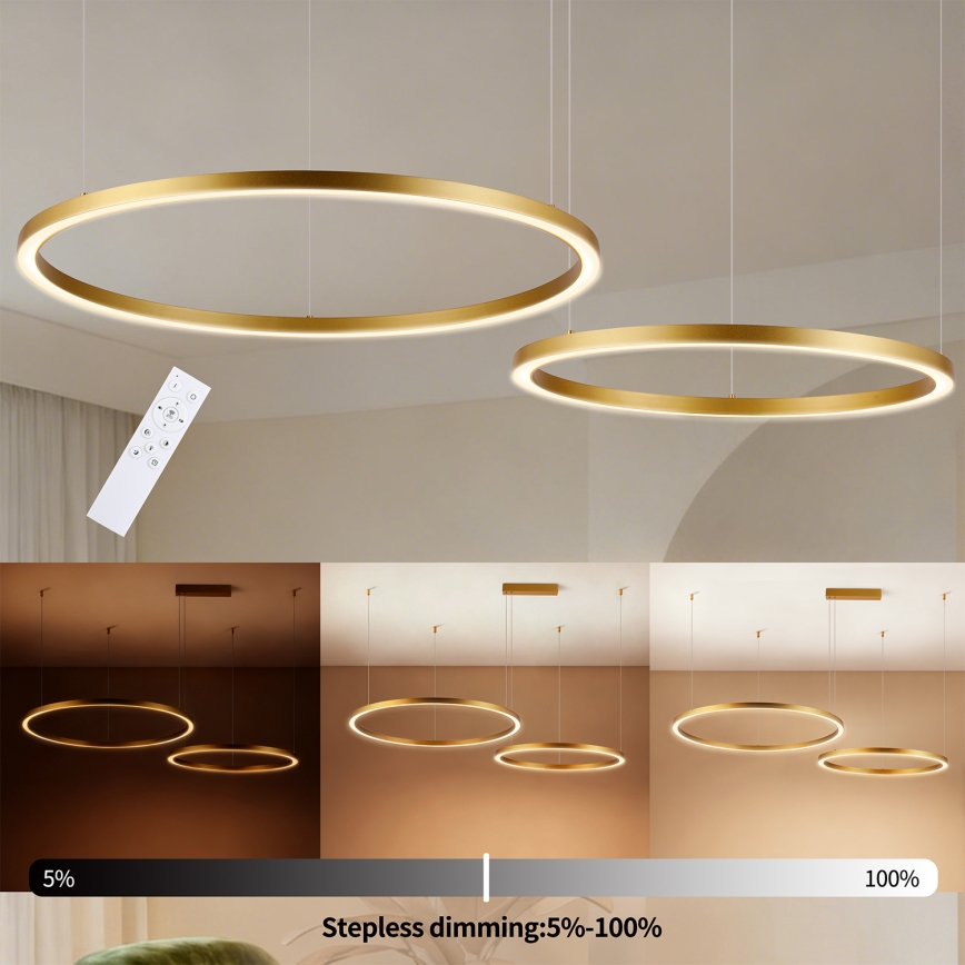 Brilagi - reguliuojama LED liustra ant laido PORTOFINO LED/98W/230V 3000-6000K auksinė + nuotolinis pultas