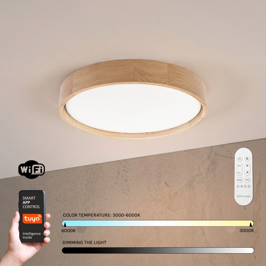 Brilagi - Dimeriuojamas LED lubų šviestuvas MANAROLA SMART STARS LED/24W/230V 3000-6000K Wi-Fi Tuya Beacon skersmuo 41 cm, ąžuolas + nuotolinis valdymas