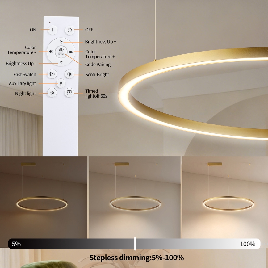 Brilagi - Dimeriuojamas LED pakabinamas šviestuvas ant laido PORTOFINO LED/60W/230V 3000-6000K skersmuo 80 cm auksinis + nuotolinis valdymas