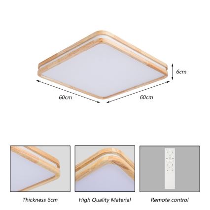 BRILAGI - Dimeriuojamas LED lubinis šviestuvas MOLINA SQUARE LED/80W/230V 3000-6000K ąžuolas 60x60 cm + nuotolinis valdymas