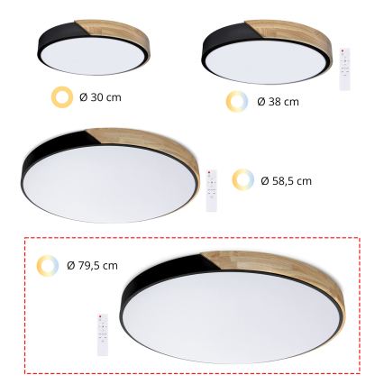 Brilagi - Reguliuojamas LED lubinis šviestuvas PILANA LED/72W/230V 3000-6500K ąžuolas/juoda skersmuo 80 cm + nuotolinio valdymo pultas