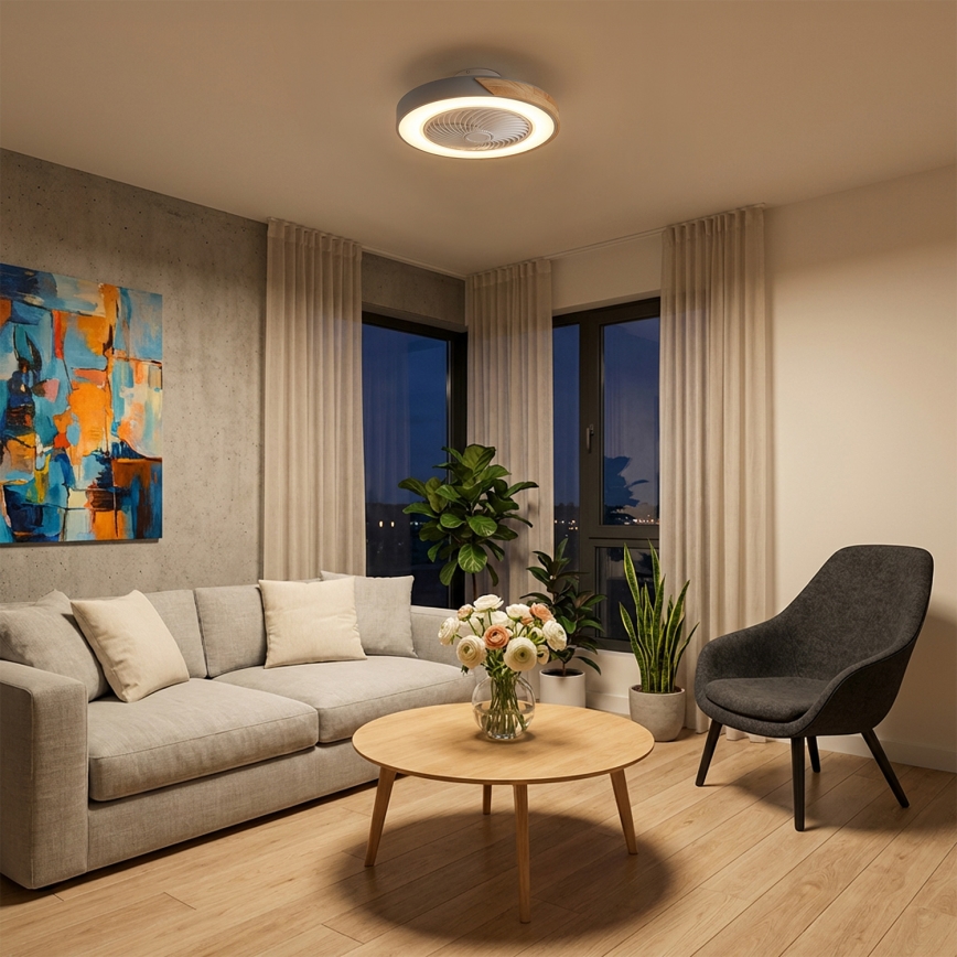 Brilagi - LED dimeriuojamas lubų šviestuvas su ventiliatoriumi LED/38W/230V 3000-6500K, skersmuo 50 cm, pilka/ąžuolas + nuotolinis valdymas