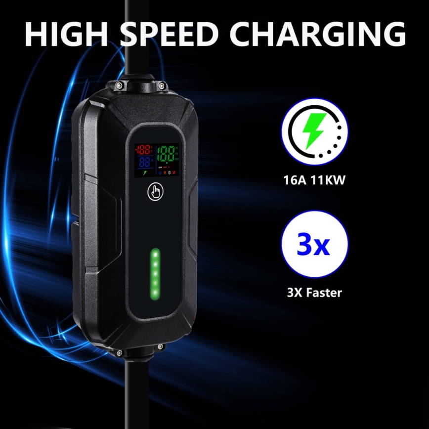 Brilagi - EV kelioninio įkrovimo stotelė elektromobiliams FAST AC Type 2 16A/380V 11kW + kištukas 230V, 3,7kW 5m + dėklas