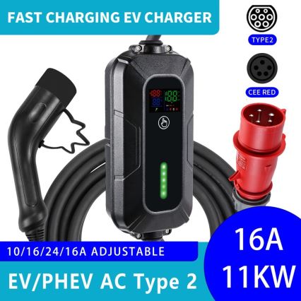 Brilagi - EV kelioninio įkrovimo stotelė elektromobiliams FAST AC Type 2 16A/380V 11kW + kištukas 230V, 3,7kW 5m + dėklas