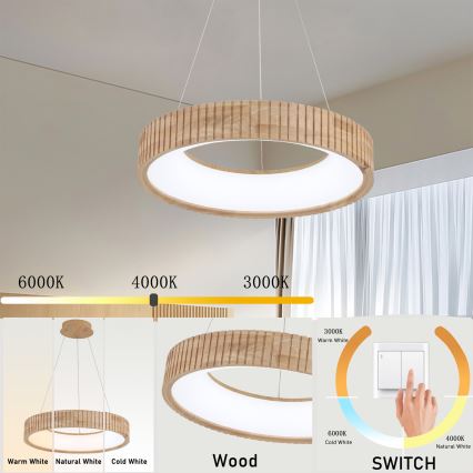 Brilagi - LED pakabinamas šviestuvas ant laido FALCON WOOD MODERN LED/30W/230V 3000/4000/6000K skersmuo 45 cm mediena