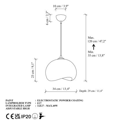 Brilagi - Kabantis šviestuvas ant laido WABI SABI 1xE27/40W/230V, skersmuo 34 cm, baltas