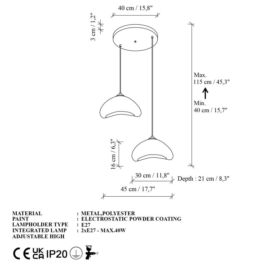 Brilagi - Kabantis šviestuvas ant laido WABI SABI 2xE27/40W/230V skersm. 45 cm balta