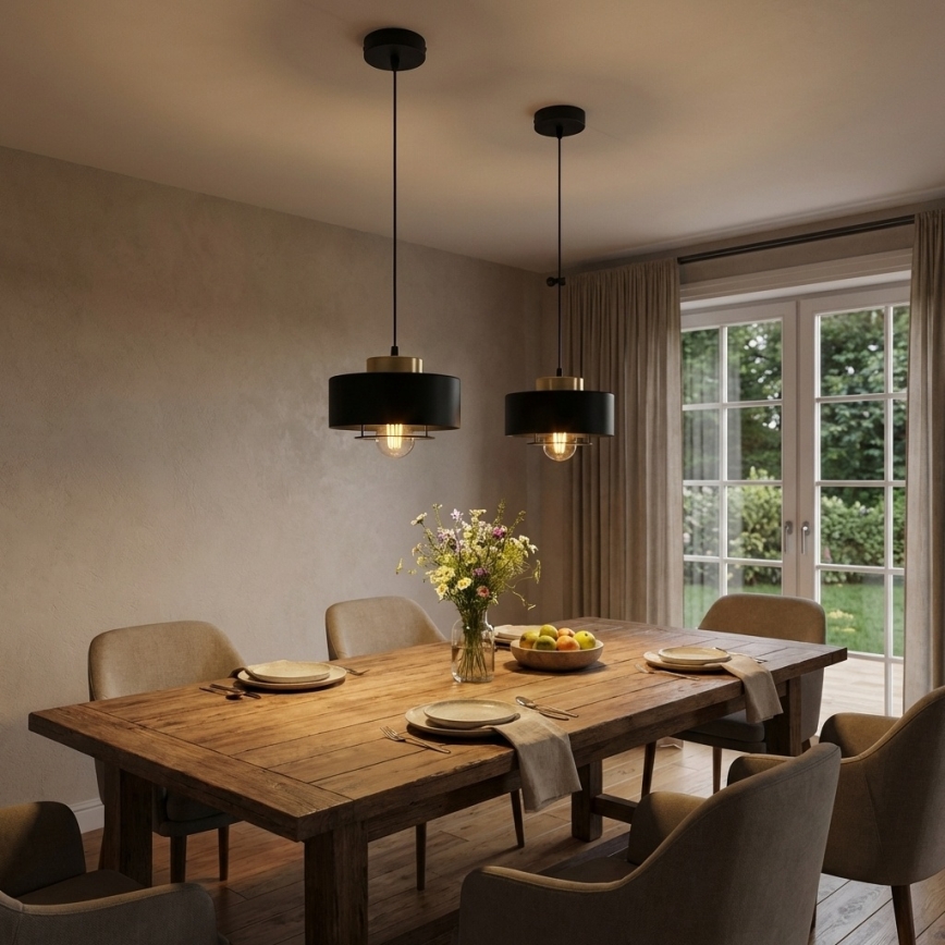 Brilagi - kabantis šviestuvas su laidu 1xE27/60W/230V, skersmuo 20 cm, juodas/auksinis