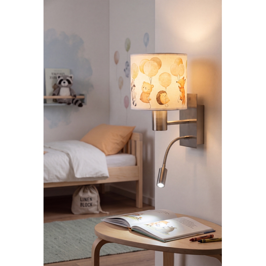 BRILAGI - LED vaikiška lanksčioji sieninė lempa BOBO 1xE27/25W/230V + LED/3W matinis chromas/balta/gyvūnėliai