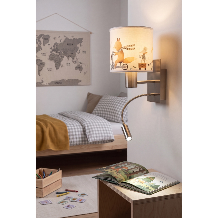 BRILAGI - LED vaikiška lanksti sieninė lempa BOBO 1xE27/25W/230V + LED/3W matinis chromas/balta/gyvūnėliai
