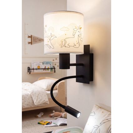 BRILAGI - LED vaikiška lanksti sieninė lempa BOBO 1xE27/25W/230V + LED/3W juoda/balta/vienaragiai
