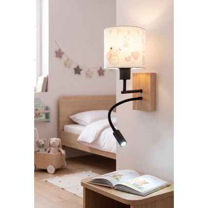 BRILAGI - LED vaikiška lanksčioji sieninė lempa BOBO WOOD 1xE27/25W/230V + LED/3W ąžuolas/juoda/kreminė/kiškučiai