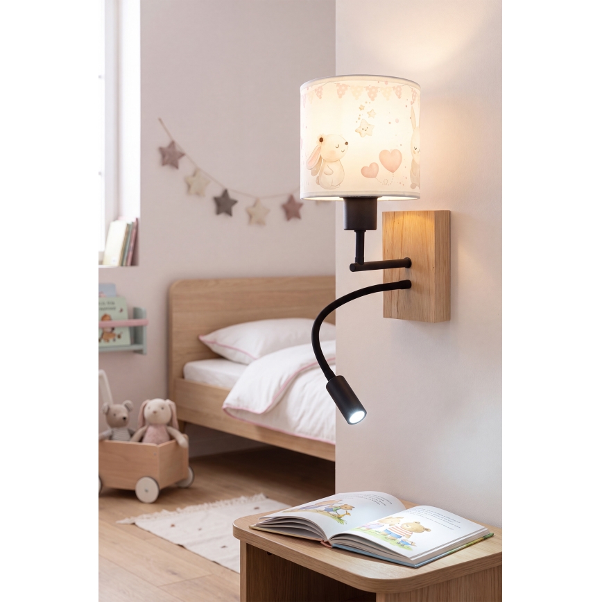 BRILAGI - LED vaikiška lanksčioji sieninė lempa BOBO WOOD 1xE27/25W/230V + LED/3W ąžuolas/juoda/kreminė/kiškučiai