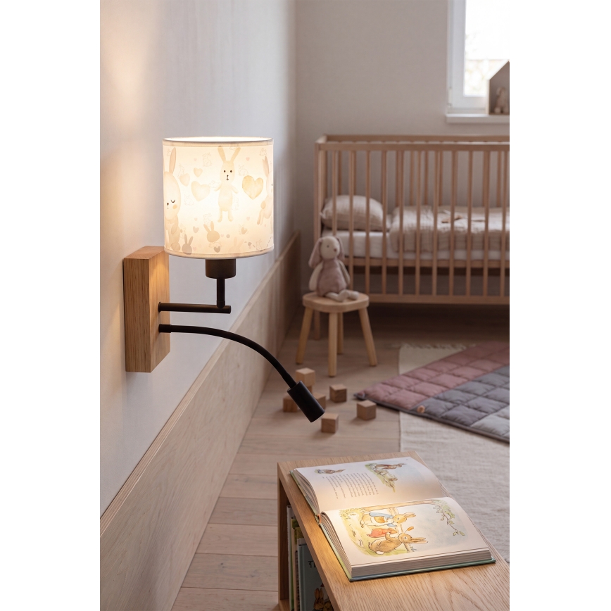 BRILAGI - LED vaikiška lanksti sieninė lempa BOBO WOOD 1xE27/25W/230V + LED/3W ąžuolas/juoda/balta/triušiukai
