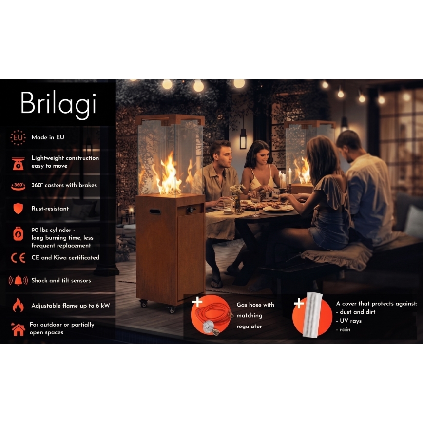 BRILAGI - Lauko dujinis židinys FLARO GAS 142x36 cm 8kW 1xAAA rūdžių/ruda + apsauginis gaubtas