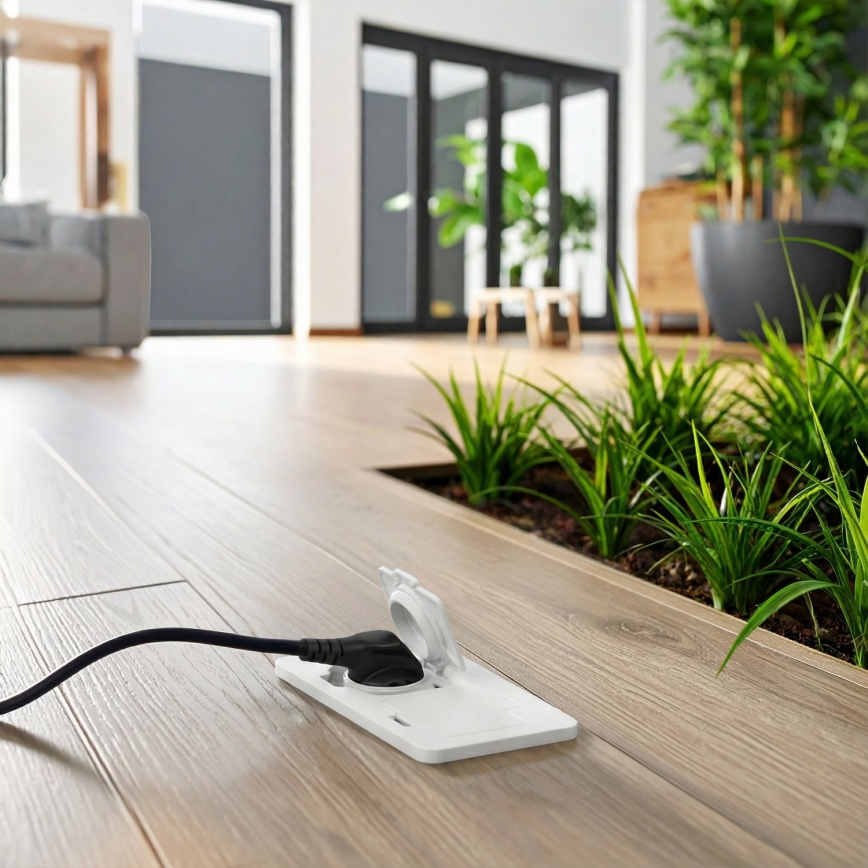 Brilagi – lauko įleidžiamas grindinis dvigubas lizdas IP55, baltas, stačiakampis