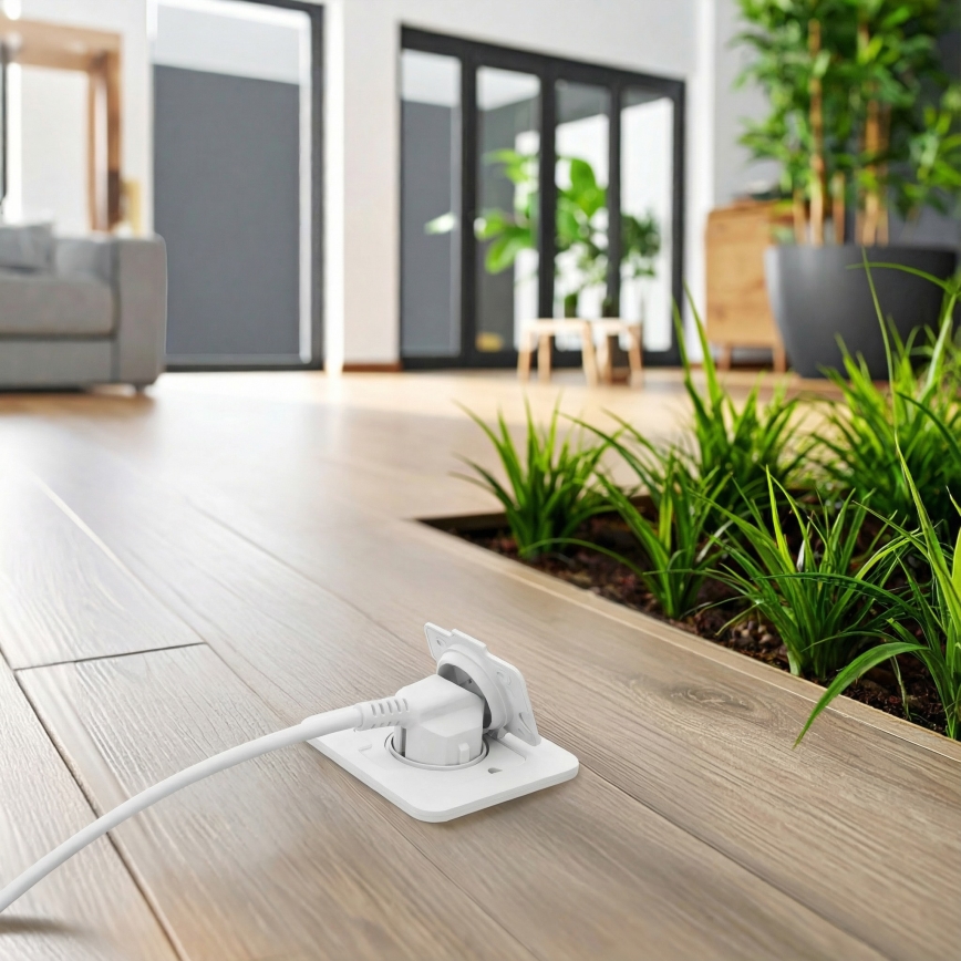 Brilagi - lauko įmontuojamas stačiakampis baltas grindinis lizdas IP55