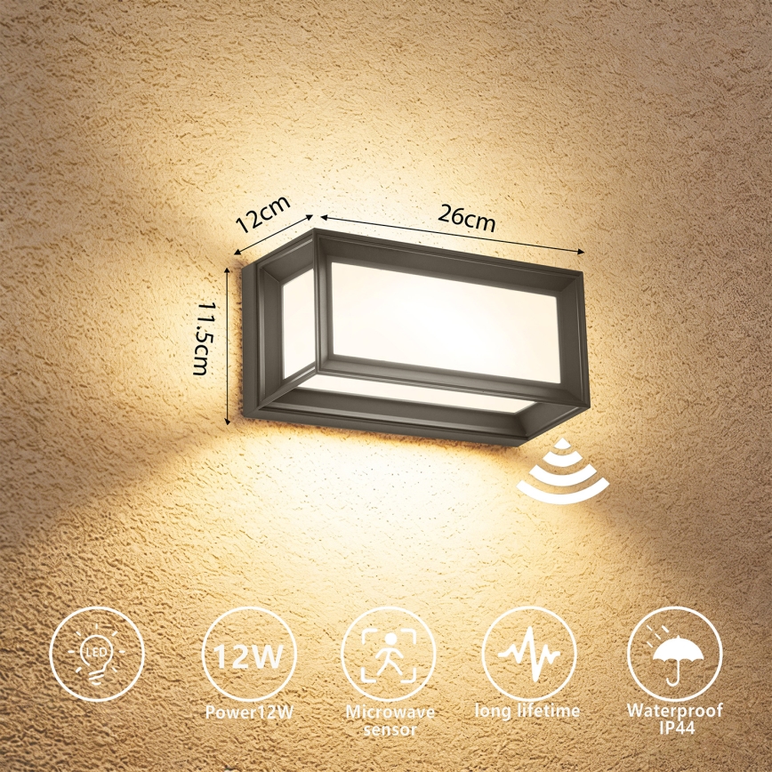 Brilagi - LED lauko sieninis šviestuvas su jutikliu PARKER LED/12W/230V antracitas IP44