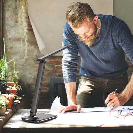 Brilagi - LED dimeriuojama stalinė lempa su belaidžiu QI įkrovimu ir USB REGINA LED/8,5W/230V juoda