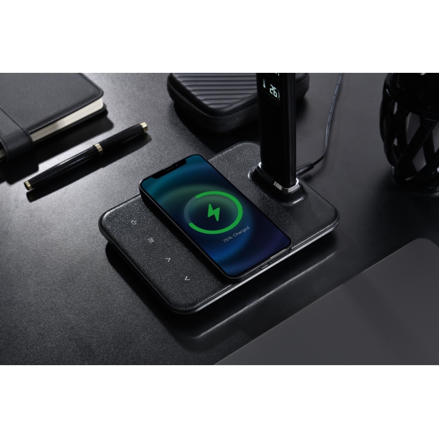 Brilagi - LED dimeriuojama stalinė lempa su belaidžiu QI įkrovimu ir USB REGINA LED/8,5W/230V juoda