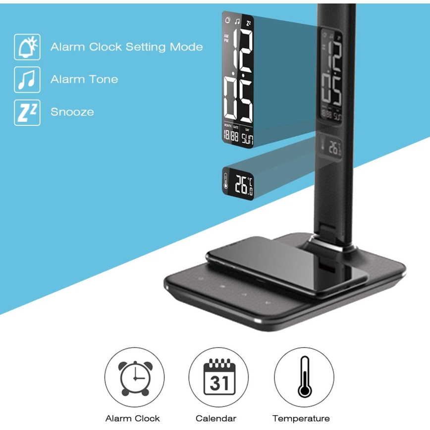 Brilagi - LED dimeriuojama stalinė lempa su belaidžiu QI įkrovimu ir USB REGINA LED/8,5W/230V juoda