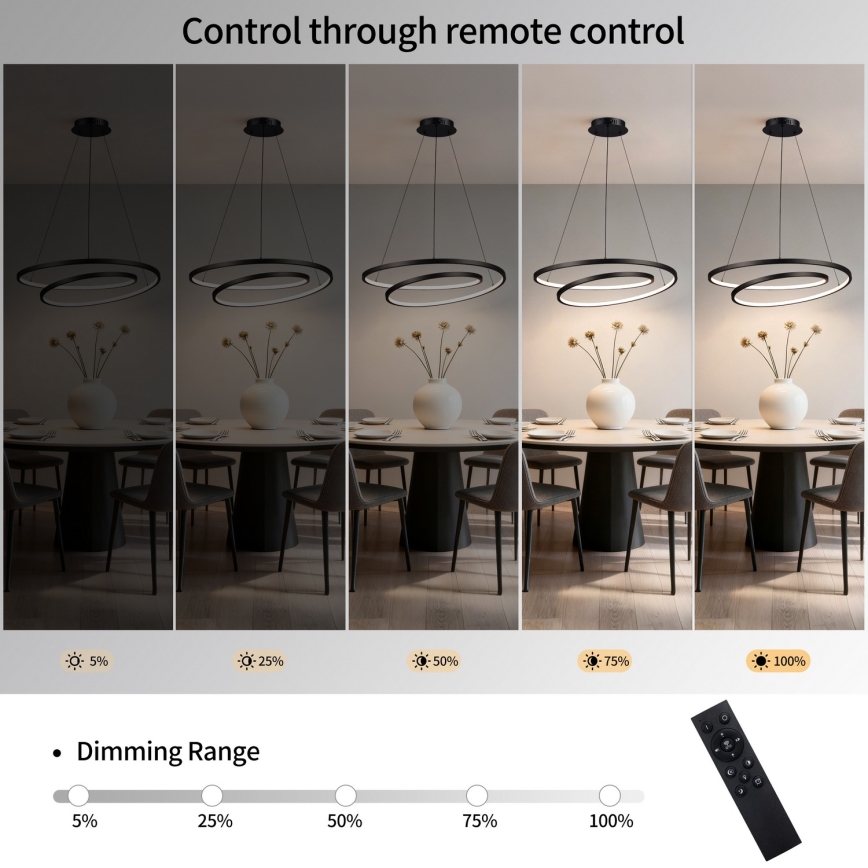 Brilagi - LED dimeriuojama liustra ant laido TWISTER LED/75W/230V 3000–6000K Ø 70 cm juoda + nuotolinis valdymas