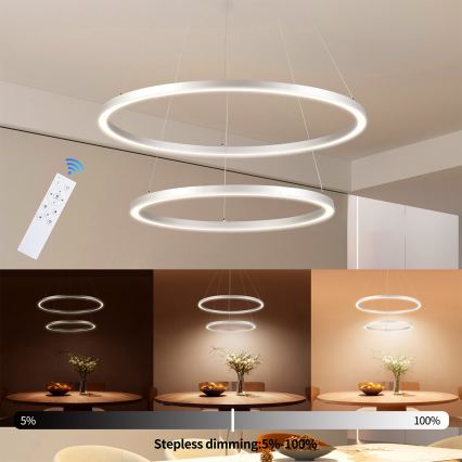 Brilagi - dimeriuojamas LED pakabinamas šviestuvas ant laido PORTOFINO LED/98W/230V 3000–6000K, skersmuo 80 cm, sidabrinis, su nuotoliniu valdymu