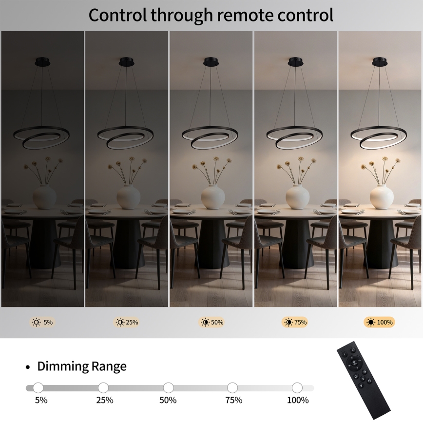 Brilagi - LED dimeriuojamas pakabinamas šviestuvas ant laido TWISTER LED/48W/230V 3000-6000K skersmuo 50 cm juodas + nuotolinis valdymas