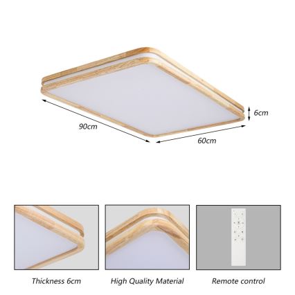 BRILAGI - Dimeriuojamas LED lubų šviestuvas MOLINA SQUARE LED/128W/230V 3000-6000K ąžuolas 90x60 cm + nuotolinio valdymo pultas