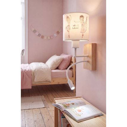 BRILAGI - LED vaikiška lanksčioji sieninė lempa BOBO WOOD 1xE27/25W/230V + LED/3W ąžuolas/balta/rožinė/baleto bateliai