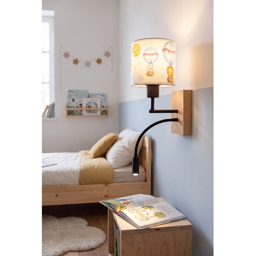 BRILAGI - LED vaikiška lanksti sieninė lempa BOBO WOOD 1xE27/25W/230V + LED/3W ąžuolas/juoda/balta/gyvūnėliai
