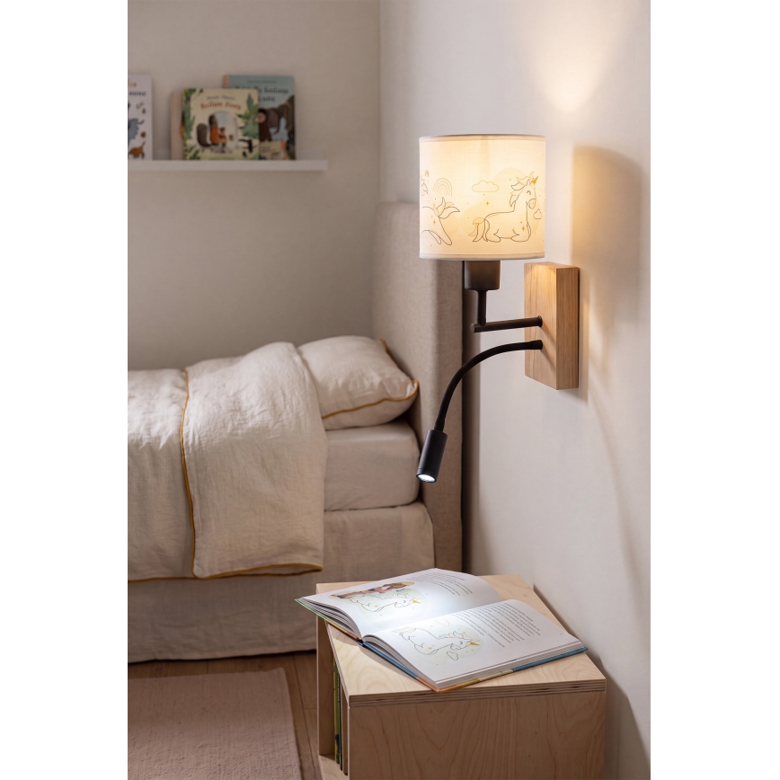 BRILAGI - LED Vaikiška lanksčioji sieninė lempa BOBO WOOD 1xE27/25W/230V + LED/3W ąžuolas/juoda/balta/vienaragiai