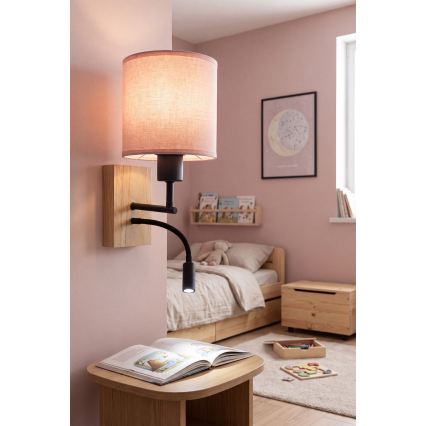 BRILAGI - LED lankstus sieninis šviestuvas BOBO WOOD 1xE27/25W/230V + LED/3W ąžuolas/juoda/rožinė