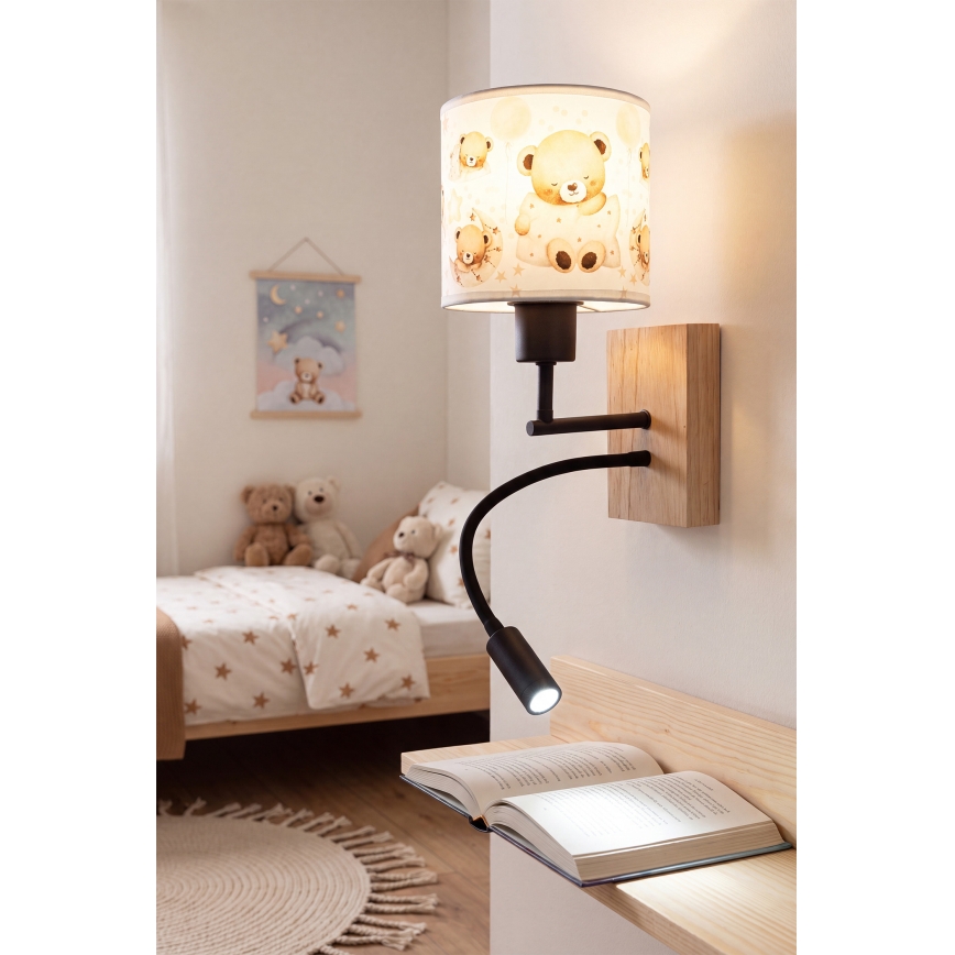 BRILAGI - LED vaikiška lanksti sieninė lempa BOBO WOOD 1xE27/25W/230V + LED/3W ąžuolas/juoda/balta/meškiukai