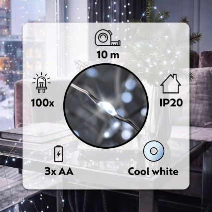 BRILAGI - LED Kalėdinė girlianda 100xLED/3xAA 10m šaltai balta