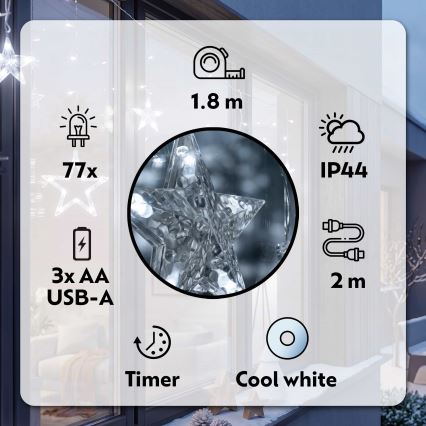 BRILAGI - LED Kalėdinė lauko užuolaida 77xLED/3xAA/USB 1,8m IP44 šaltai balta