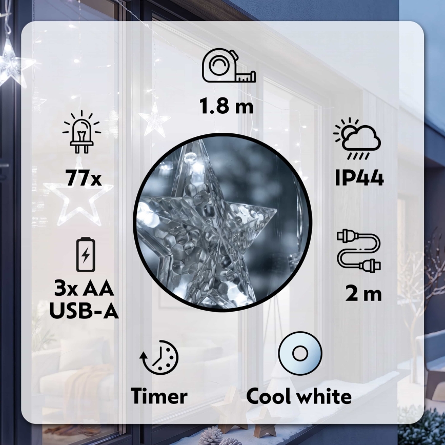 BRILAGI - LED Kalėdinė lauko užuolaida 77xLED/3xAA/USB 1,8m IP44 šaltai balta