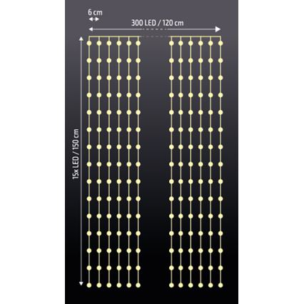 Brilagi - LED kalėdinė užuolaida 300 LED/8 funkcijų/3xAA/USB 1,2 m šiltai balta