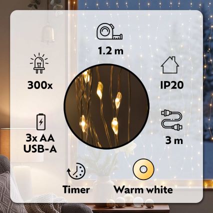 BRILAGI - LED kalėdinė užuolaida 300 LED/8 funkcijų/3xAA/USB 1,2 m šiltai balta