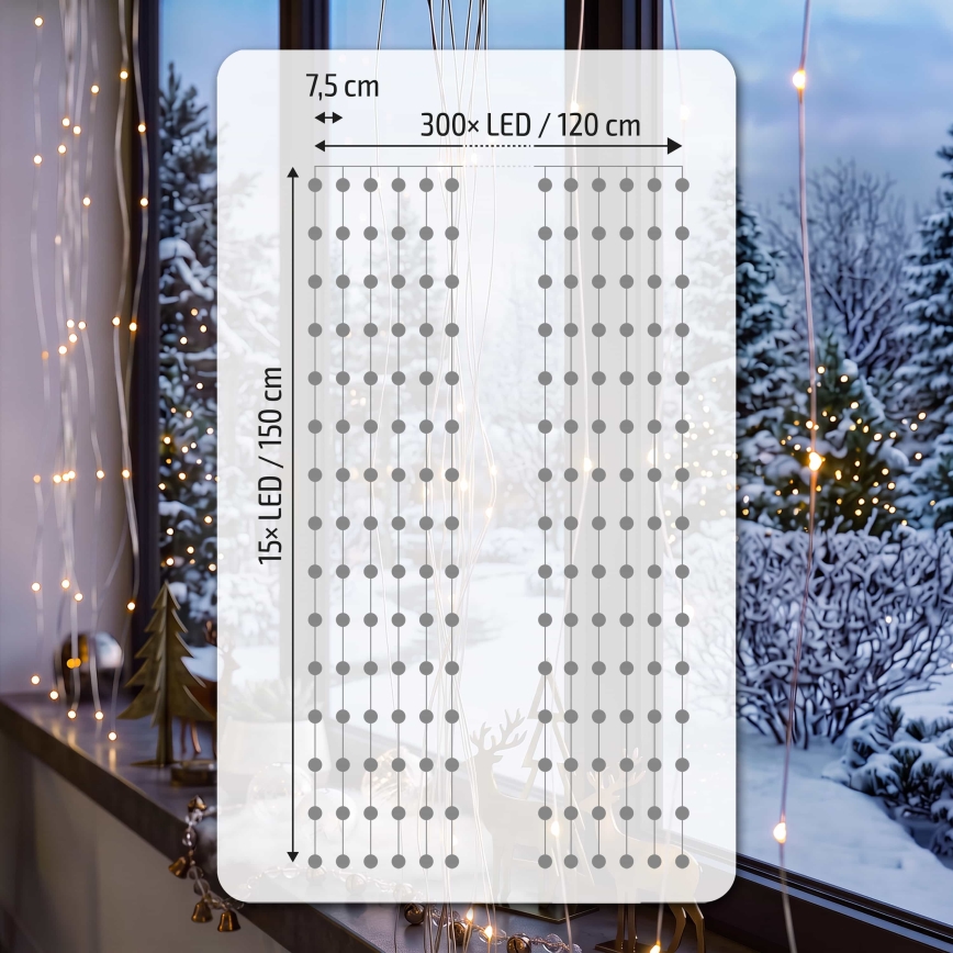 BRILAGI - LED kalėdinė užuolaida 300 LED/8 funkcijų/3xAA/USB 1,2 m šiltai balta